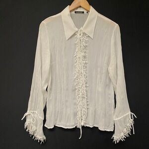 Le Caviar Women's White Romantic Sheer Lace Trim Tie Neck Ruffled Blouse Top L